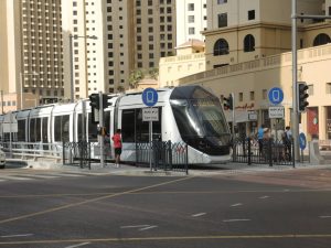 Dubai Tram at stop at Dubai_Marina 2014
