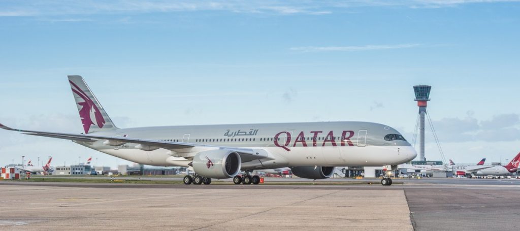 Heathrow Airport, Qatar Airways A350 arrives for proving trial en route to Doha, 10 January 2015.