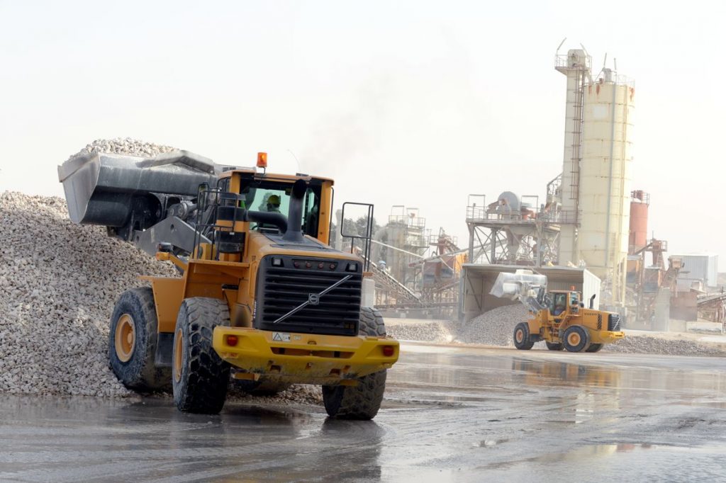 Volvo wheel loaders are used for material handling and loading duties across the site.