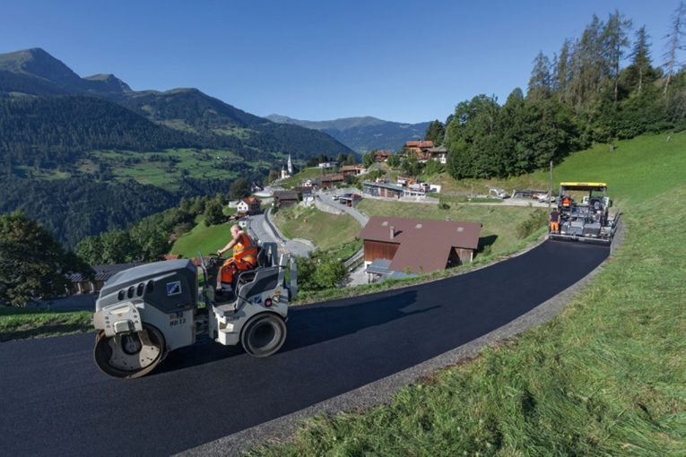 The steep climbs of the Swiss Alps are no match for Vögele's Super 1803-3i wheeled paver