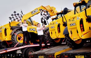 Fourteen JCB Loadall telescopic handlers left the JCB World HQ in Rocester, Staffordshire, this morning on trucks bound for Silverstone in Northampton ahead of the Formula 1 Grand Prix next weekend.