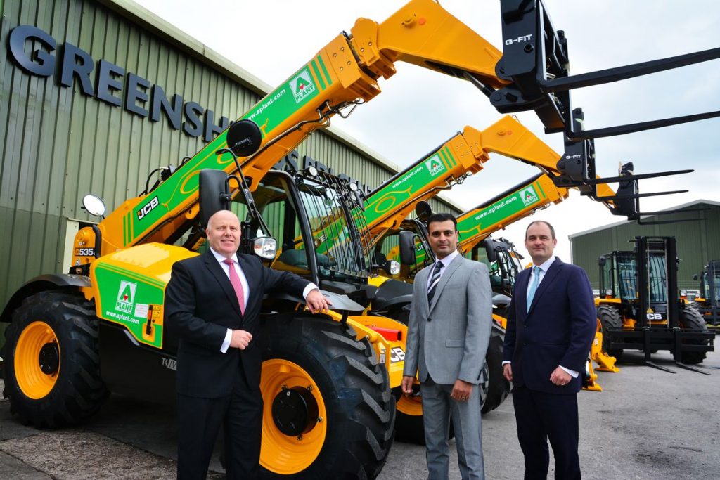 A-Plant has ordered more than £55 million worth of eqipment from JCB. Pictured left to right are JCB Chief Operating Officer Mark Turner, A-Plant Marketing Director Asif Latief and Tom Greenshields, National Accounts Director for dealer Greenshields JCB.