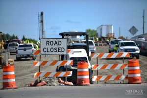 A road closed sign near the 25th Street bridge project in Fargo.