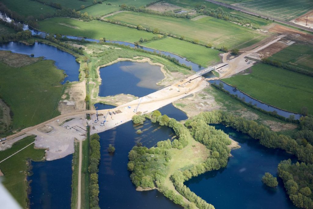 outline and temporary haul bridge for the construction of the new River Great Ouse viaduct.