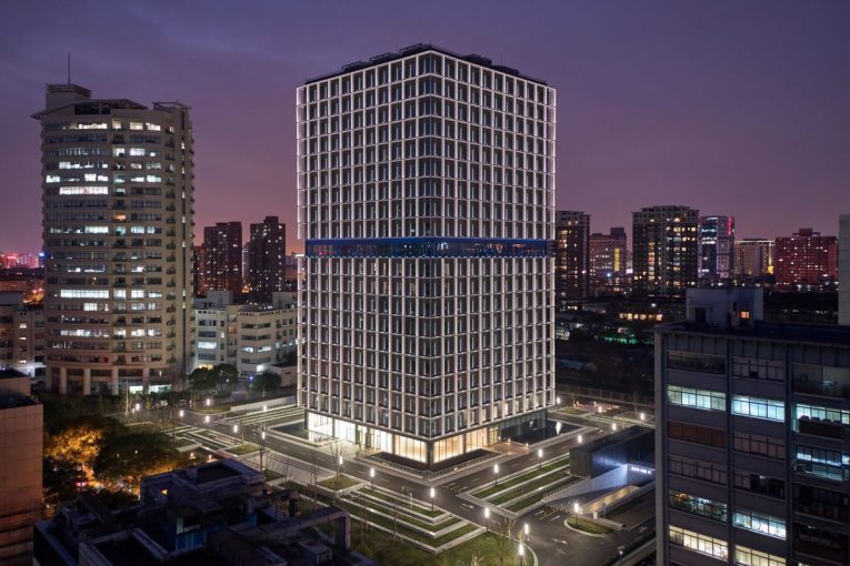 Architectural lighting turns the OnCube office complex in Shanghai into a landmark