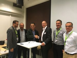 The agreement to formalize the cooperation between Metso and ASC was signed at Metso's global Distributor Days conference in early September. From left: Josh Meyer, Metso; Ozan Babacan, Distribution Business Manager at Metso; Darwish Ariqat, ASC; Markku Simula, SVP Aggregates Business line at Metso; Adrian Wood, VP, Aggregates Distribution, Metso; Eric Bonin, AMET Distribution General Manager, Metso.