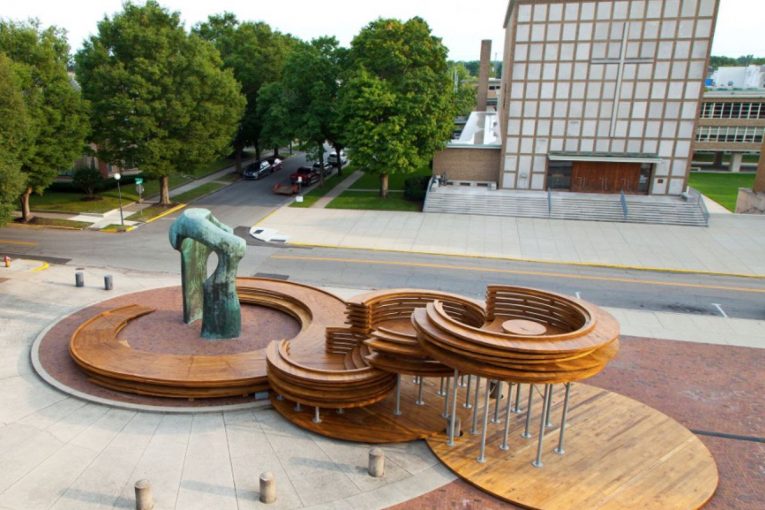 Conversation Plinth in Indiana encourages discussion about hardwood CLT