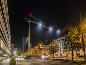 The Liebherr MK 88 Plus mobile construction crane operated by Schmidbauer GmbH & Co. KG dismantled a cable bridge at night.