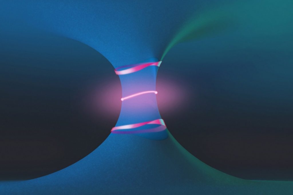 A drawing illustrates the unusual topological landscape around a pair of features known as exceptional points (red dots), showing the emergence of a Fermi arc (pink line at center), and exotic polarization contours that form a Mobius-strip-like texture (top and bottom strips). Courtesy of the researchers