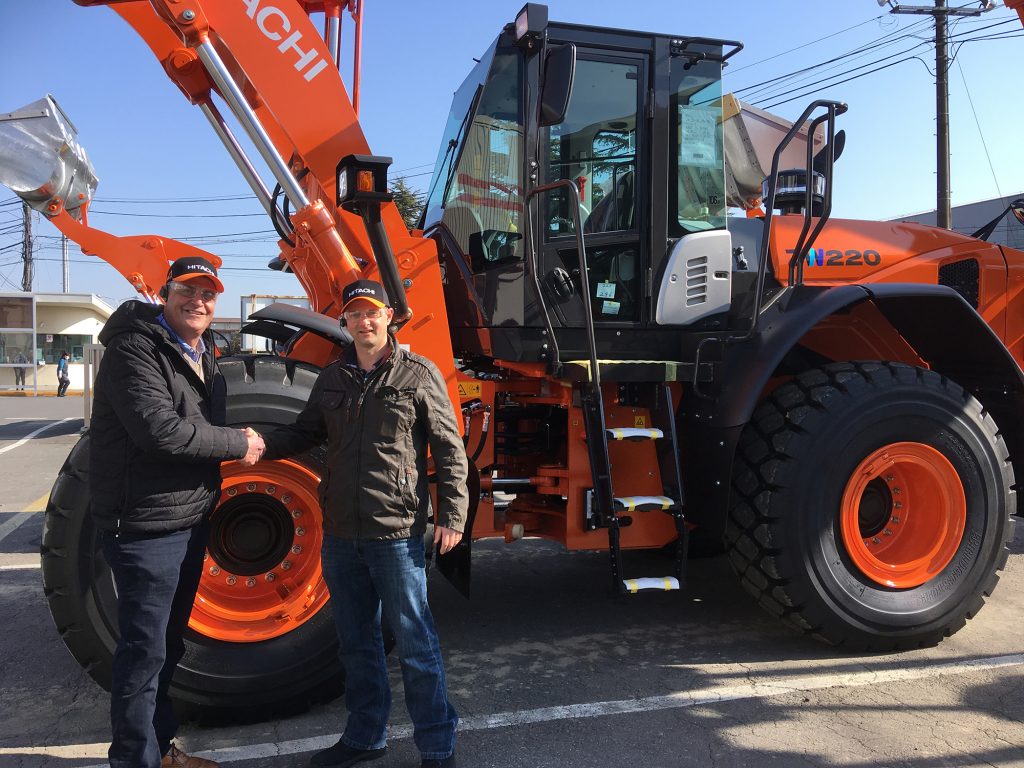 Ridgway's Stuart Jones and Hitachi’s John Barnfield with the new Hitachi ZW220-6 Wheel Loader