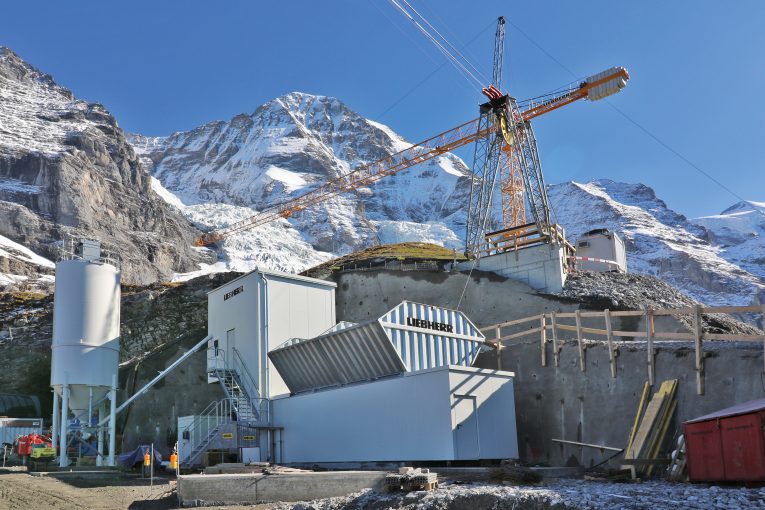 Liebherr concrete mixing plant operating at high altitude on the Eiger Glacier in Switzerland