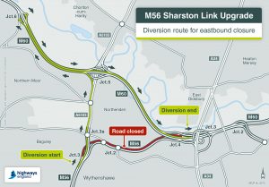 The diversion route for the weekend closure of the eastbound M56 carriageway.