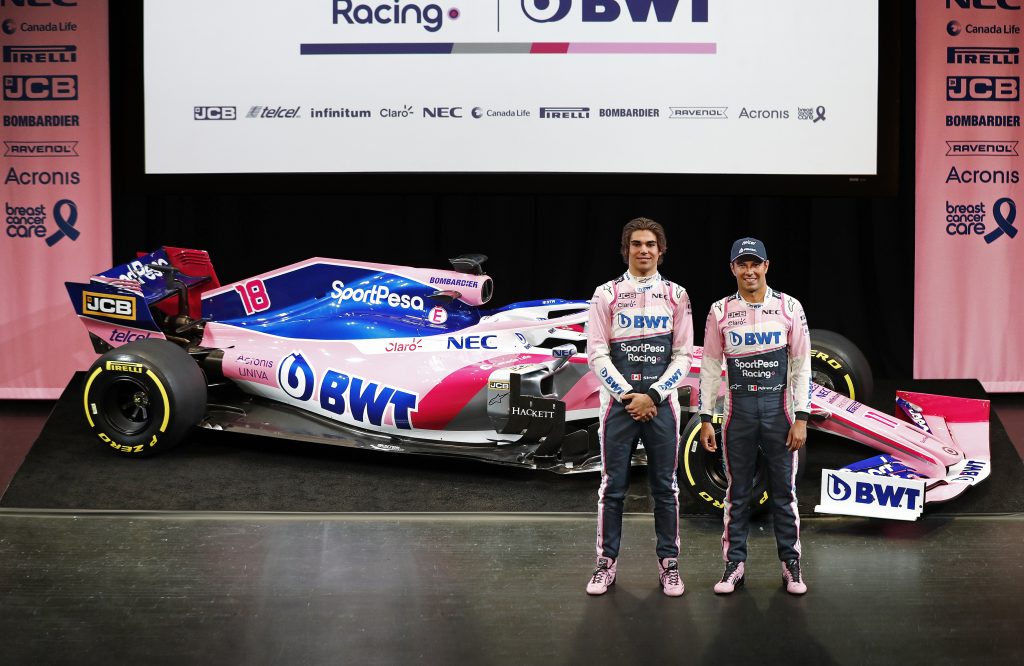 Lance Stroll and Sergio Perez at the unveiling of SportPesa Racing Point F1 car in Toronto.