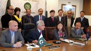 Secretary of the Economic Affairs Divison Mr. Noor Ahmed (second from left, sitting) and ADB Country Director for Pakistan Ms. Xiaohong Yang (second from right, sitting) speaking to the media, highlighting the importance of the Mardan–Swabi road in promoting agribusiness, industry, and tourism in Khyber Pakhtunkhwa’s mountain areas.