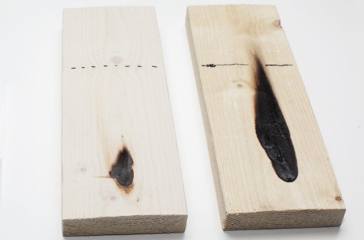 HefCel-coated wood (left) and untreated wood (right) after 30 seconds flame test. (Photo: VTT)
