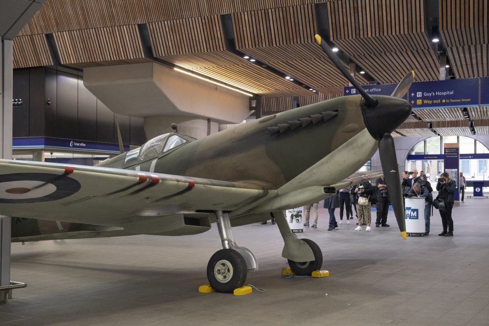 Spitfire on display on the concourse of London Bridge Station, London to commemorate the 75th anniversary of D-Day.