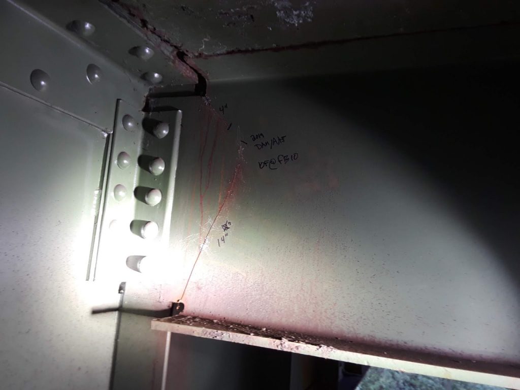 A routine inspection discovered a crack from top to bottom of this floor beam – called a stringer – below the I-5 Nisqually River Bridge, leading to emergency repairs.