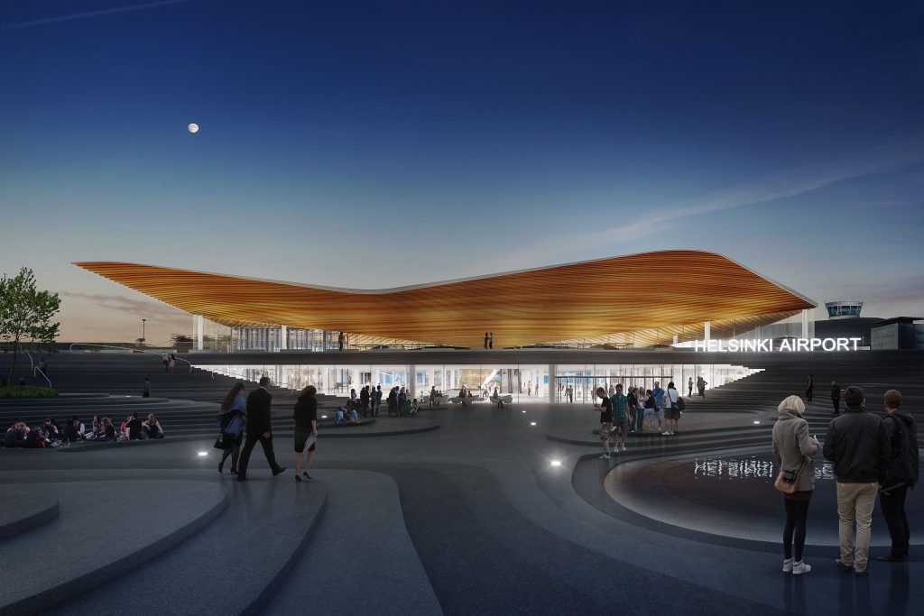 Aineiston koko: 2.5 Mt Aineiston formaatti: JPEG Värimaailma: RGB Illustration image of winning terminal 2 extension plan, new entrance pictured from the arrivals level. Image by Arkkitehtitoimisto ALA Oy / Arkkitehtitoimisto HKP Oy
