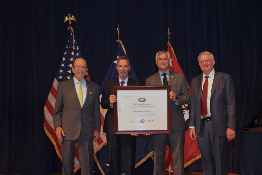 Christopher Hawekotte, President of Geophysical Survey Systems (GSSI) and Paul Fowler, Vice President Sales and Marketing at GSSI accept the President’s “E” Award for Exports at a ceremony Washington, D.C. Pictured in photo from left to right: Wilbur Ross,US Secretary of Commerce, Christopher Hawekotte, President, GSSI, Paul Fowler, Vice President Sales and Marketing, GSSI, Gilbert Kaplan, Under Secretary of Commerce for International Trade
