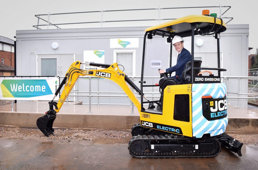 Opening of a training school in Birmingham, to support the Commonwealth Games which the City is hosting in 2022. Pictured is Birmingham Mayor Andy Street with JCB electric mini during the the first sod digging of earth to mark the start of work on the project