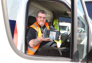 Garry Young, Driver at GAP's Cardiff Lifting depot, with his BigChange tablet device