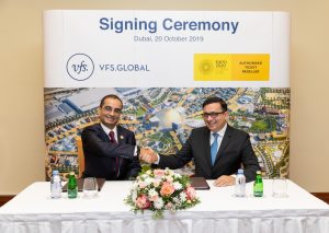 Mr. Sanjive Khosla, Chief Commercial Officer – Commercial, EXPO 2020 (left) and Mr. Zubin Karkaria, CEO, VFS Global Group (right) signing the contract in Dubai, UAE