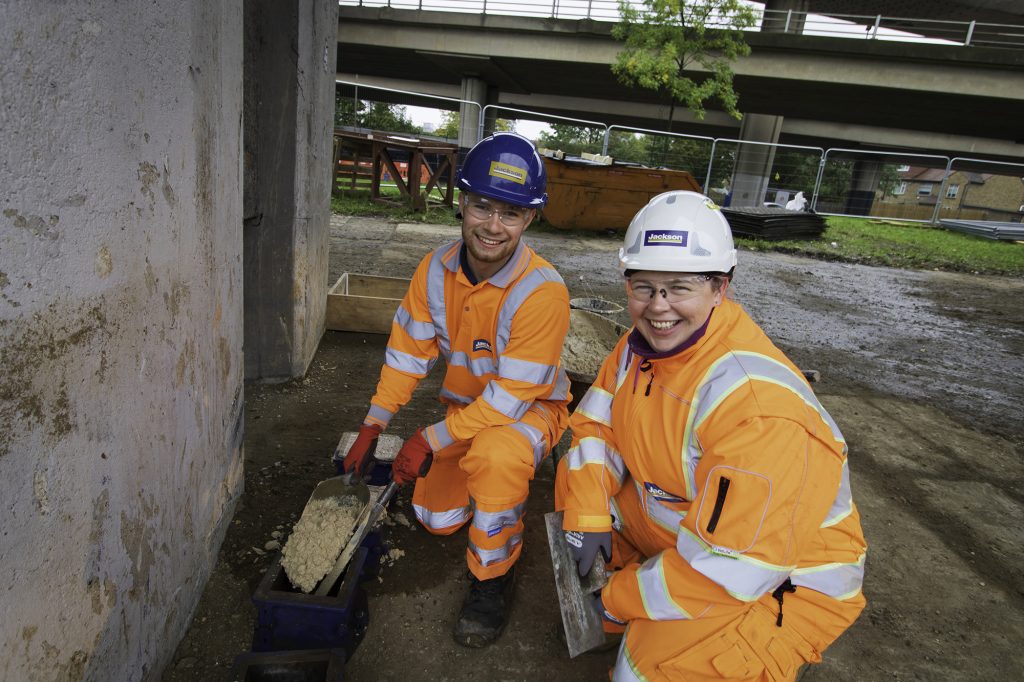 Jackson’s Trainee Engineer Matthew Lees, and Safety Adviser Karen Doherty filling cubes for testing