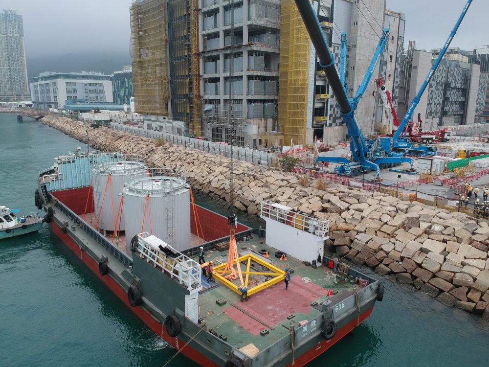 Once completed off-site in the factory, the tanks were shipped by barge to the site.