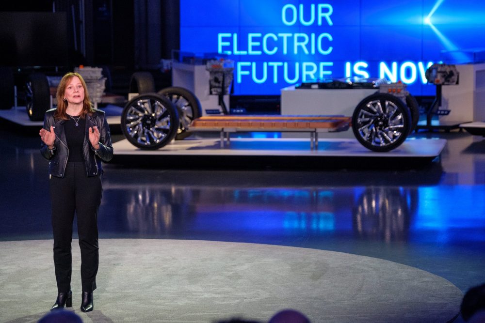 General Motors Chairman and CEO Mary Barra addresses the gathering Wednesday, March 4, 2020 at an event detailing GM's electric vehicle technologies and upcoming products in the Design Dome on the GM Tech Center campus in Warren, Michigan. (Photo by Steve Fecht for General Motors)