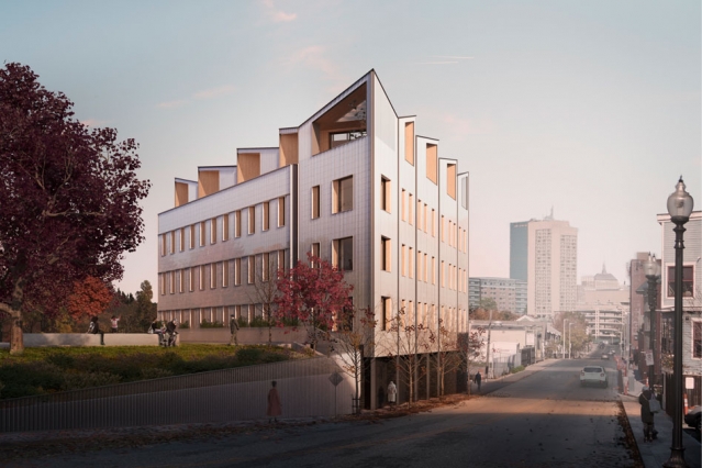 View from the street side depicts the new five-story, 14-unit residential building, which will be one of the largest mass-timber residential buildings in the U.S. Images: Generate Architecture and Technologies
