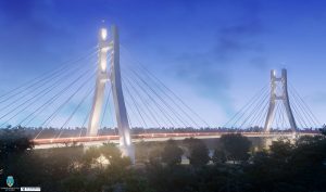 Rendering of the cable-stayed bridge across the river Someș. Image credits: STRABAG