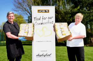 Pictured is Sue and Brian Stephenson with sandwiches outside JCB Global Learning