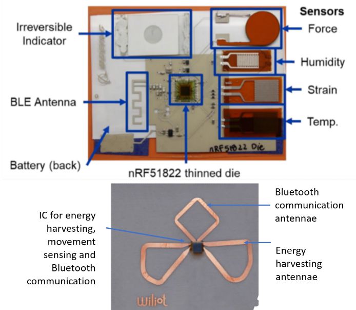 A prototype multimodal sensor incorporating a thin film battery (top, from Boeing, taken from Flex 2020 Conference in San Jose California), and a simpler battery-free sensor on a paper substrate (bottom, from Wiliot).