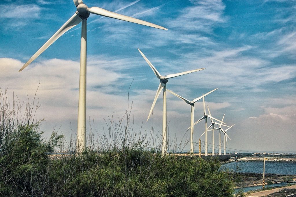 Highway wind turbines are generating energy from passing cars
