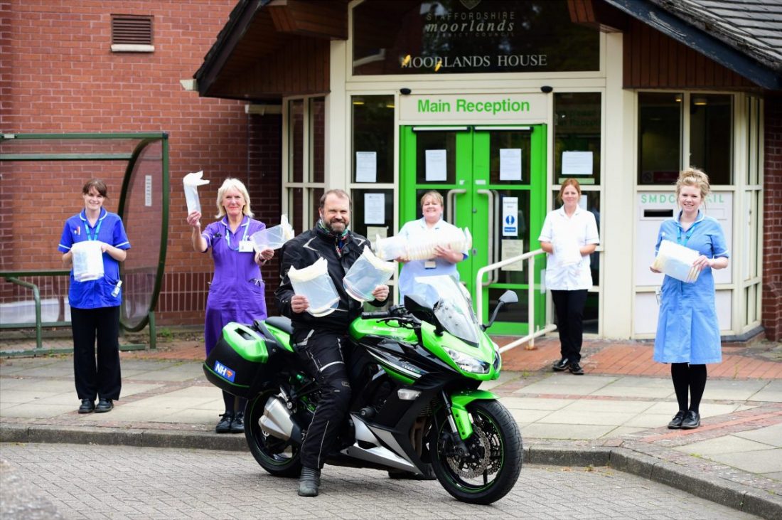 Pictuered left to right is Ange Haynes (Community Nurse), Diane Pierce (Community Matron) Steve Hawkes, Karen Hales (District Nurse), Kim Evans (Student Nurse) and Sam Williamson (Community Nurse) receiving visors outside Moorland House, Leek