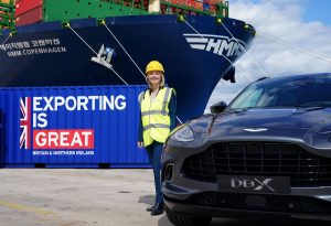 Secretary of State for International Trade, Liz Truss see's the first Aston Martin DBX being exported to the United Stated, in Southampton. Picture by Pippa Fowles / No 10 Downing Street.