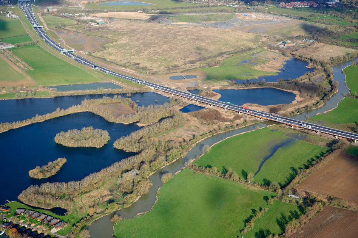 Aerial view of completed A14 Cambridge to Huntingdon