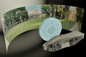 3D artistic illustration of the wide-field-of-view metalens capturing a 180° panorama of MIT’s Killian Court and producing a high-resolution monochromatic flat image.” Image: Mikhail Shalaginov, Tian Gu, Christine Daniloff, Felice Hankel, Juejun Hu