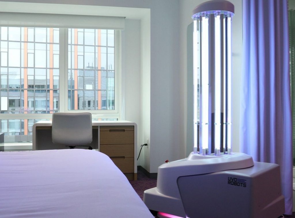 “Right now it’s critical for the hospitality industry to not only enhance how we protect travelers but also provide them with reassurance that we’re taking every possible step from check-in to check-out,” said Trish Berry, General Manager, YOTEL Boston. An extension of YOTEL’s operation #SmartStay safety measures, the UVD Robot, named ‘Vi-YO-Let’, will offer an even deeper level of disinfection throughout high-touch public spaces and select cabins at YOTEL Boston. Photo credit: YOTEL Boston.