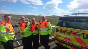 Another day at the office!: pictured at Shap last summer (2019) are Highways England traffic officers Marcus Webster, Paul Morton, Allan Pollard and Tom O’Neill. The traffic officer service was launched in Cumbria in 2006 with the M6 patrolled from outstations at Millness near Kendal and Lowhurst south of Carlisle (Highways England image)
