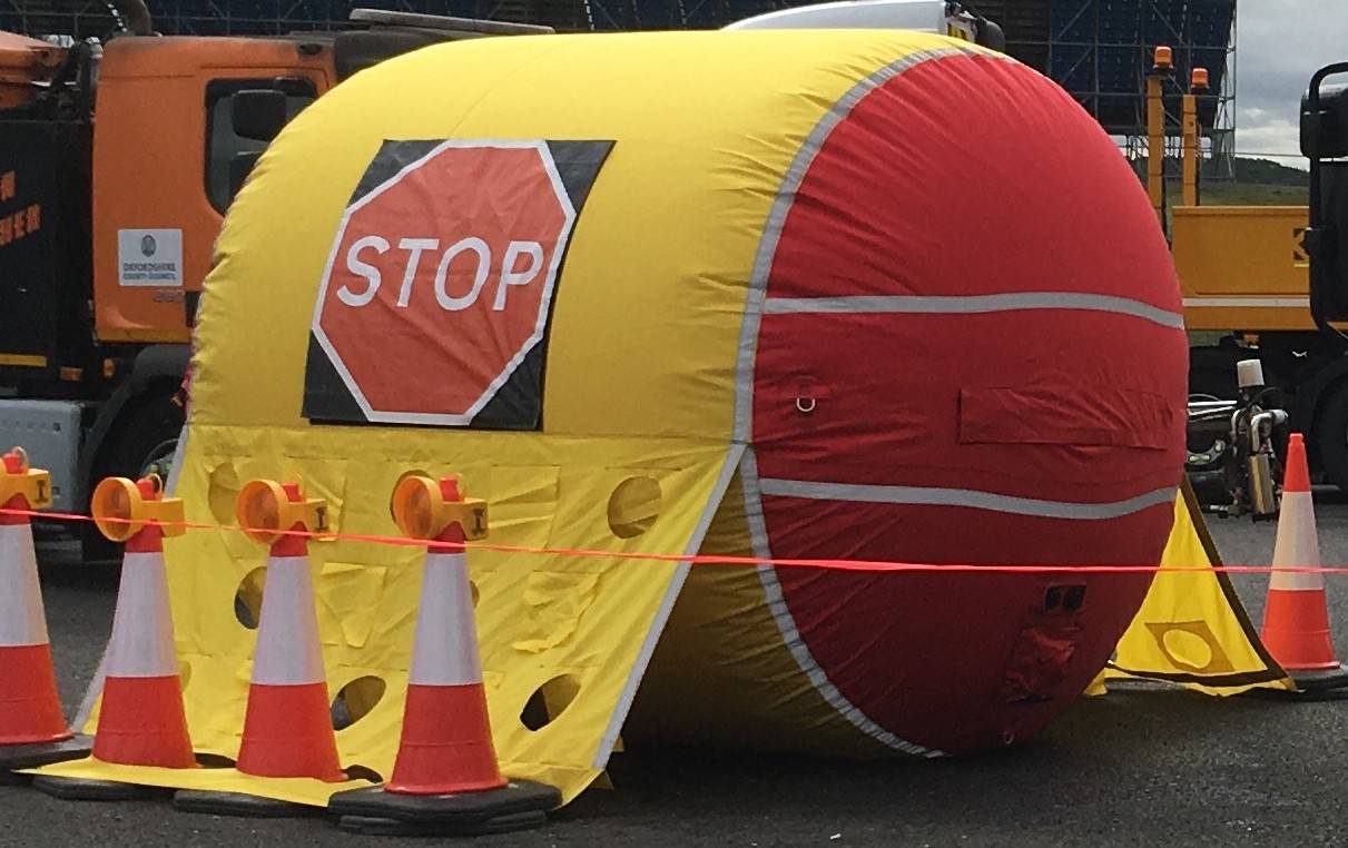 This inflatable barrier can be inflated in under 10 minutes.