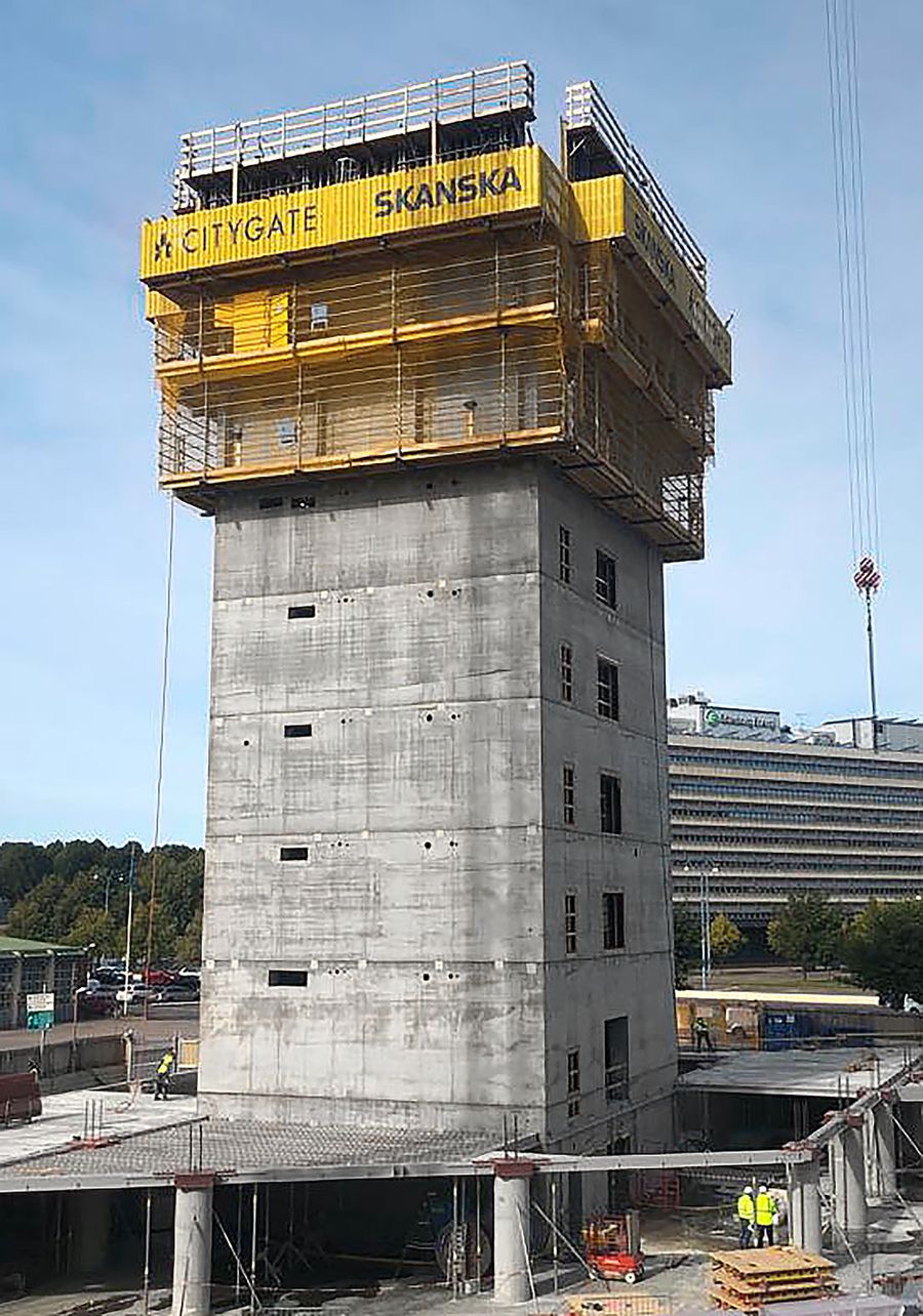 Citygate, a 144 m office complex in Gårda, Göteborg, will be completed next year. The building is currently growing skywards with the help of Doka's SKE50 plus automatic climbing formwork. Image by Skanska