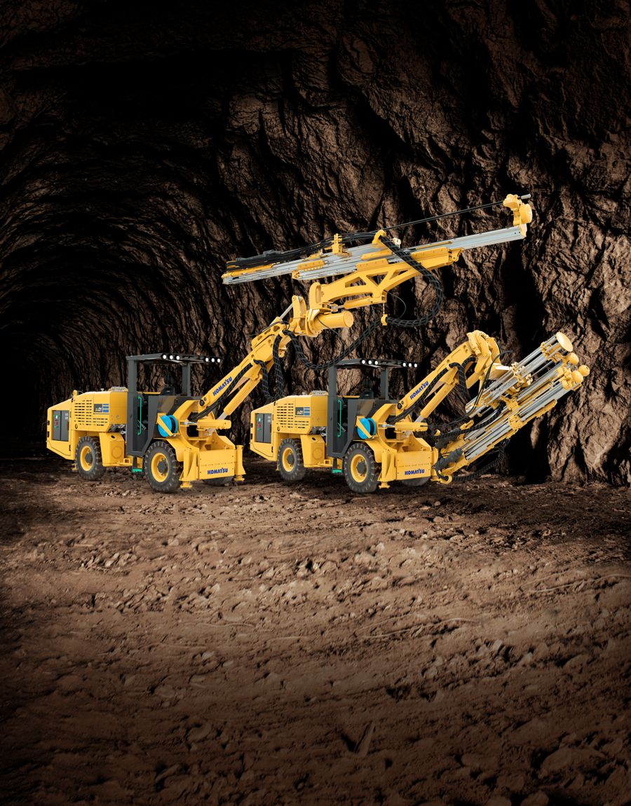 Komatsu’s new jumbo drill (left) and bolter (right) utilize a common platform that allows operators to convert their machine from a jumbo to a bolter, and vice versa.
