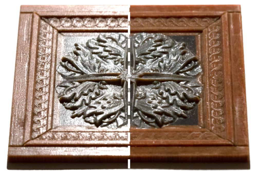 In this image, the left side shows traditional 3D printing, which doesn’t have varying reflectivity. The right side shows the new improvements, where one can choose which surfaces are glossy and which are matte. Image courtesy of the researchers