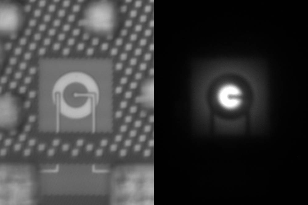 These two images show the silicon LED switched on (left) and off. Image courtesy of the researchers