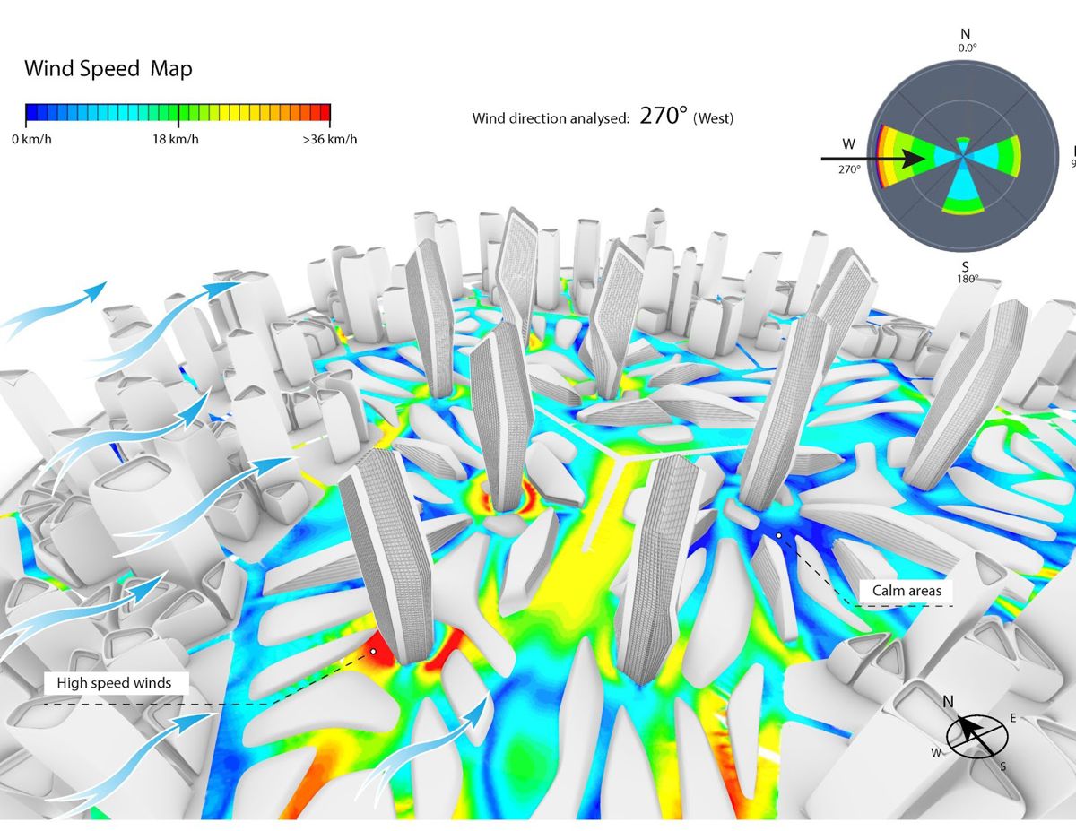 A pedestrian wind comfort simulation performed by Zaha Hadid Architects using the SimScale cloud-based CAE platform.