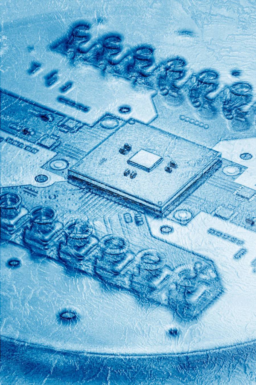 A photo shows an Intel "Horse Ridge" chip mounted on a circuit board. Horse Ridge is a cryogenic control chip for qubits built using Intel’s 22nm FinFET Low Power technology. (Credit: Marieke de Lorijn)