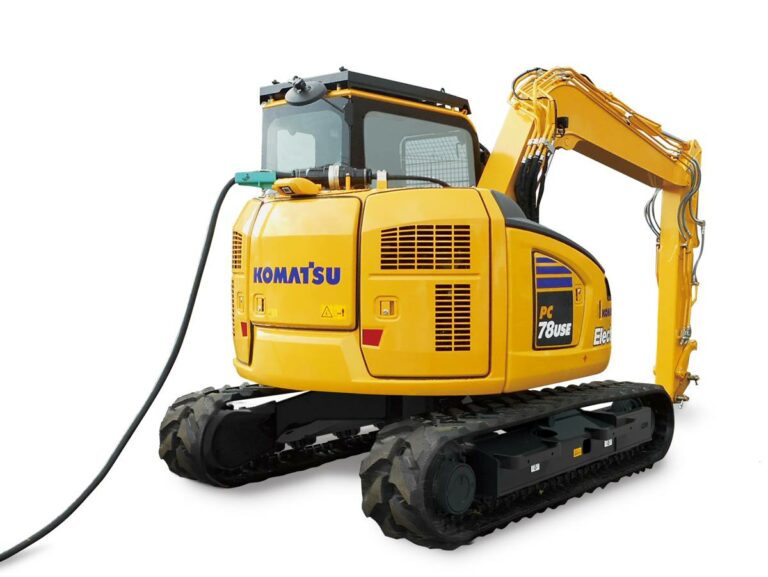 New Komatsu electric Excavator uses a tethered power cable for nonstop