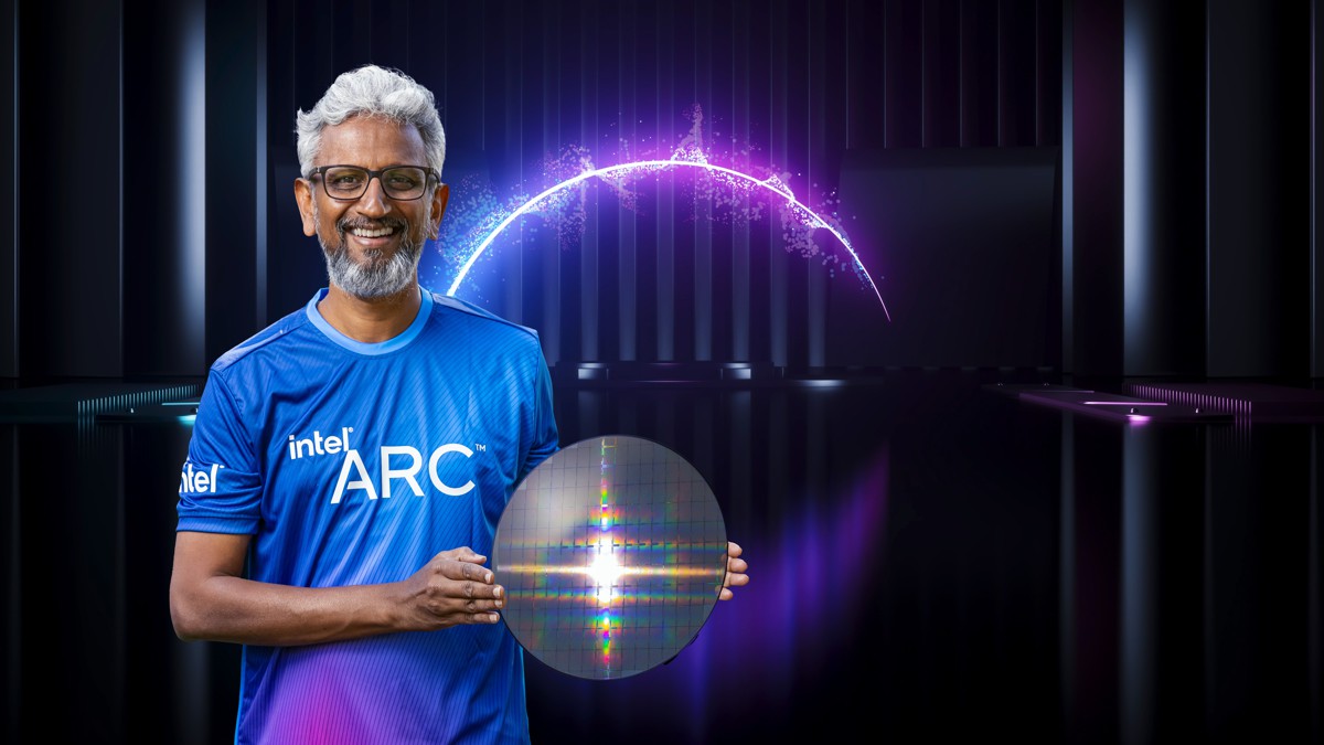 Raja Koduri, Intel senior vice president and general manager of the Accelerated Computing Systems and Graphics Group, displays a wafer with Intel Arc high-performance discrete graphics hardware as part of a presentation during Intel Architecture Day 2021. The virtual event was held in August 2021.