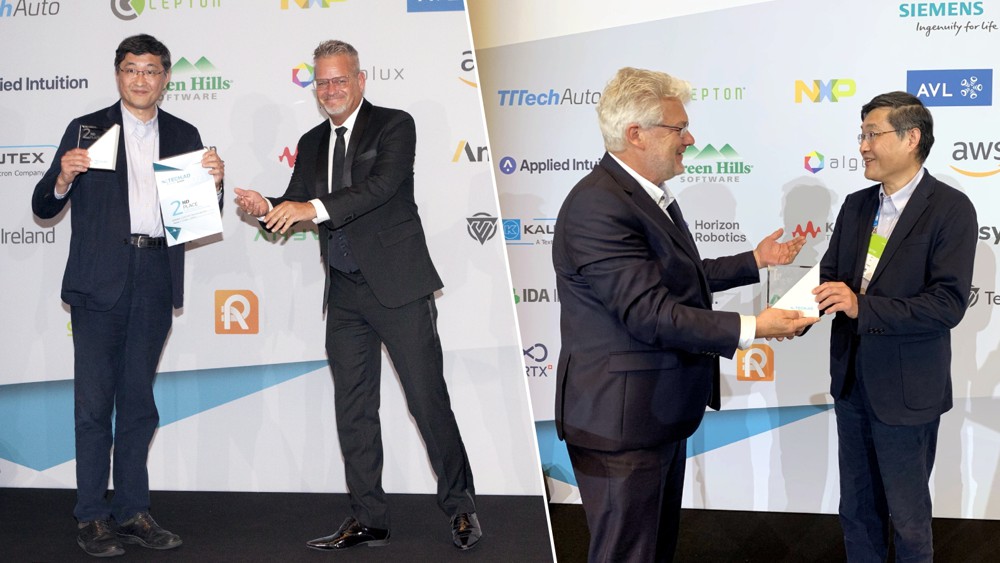 Cepton CEO Dr. Jun Pei received the award trophy for Cepton's Nova lidar (left, ©Tech.AD) and was acknowledged by ALP.Lab for providing the lidar solution deployed in ALP.Lab's award-winning smart cities project (right, ©ALP.Lab).